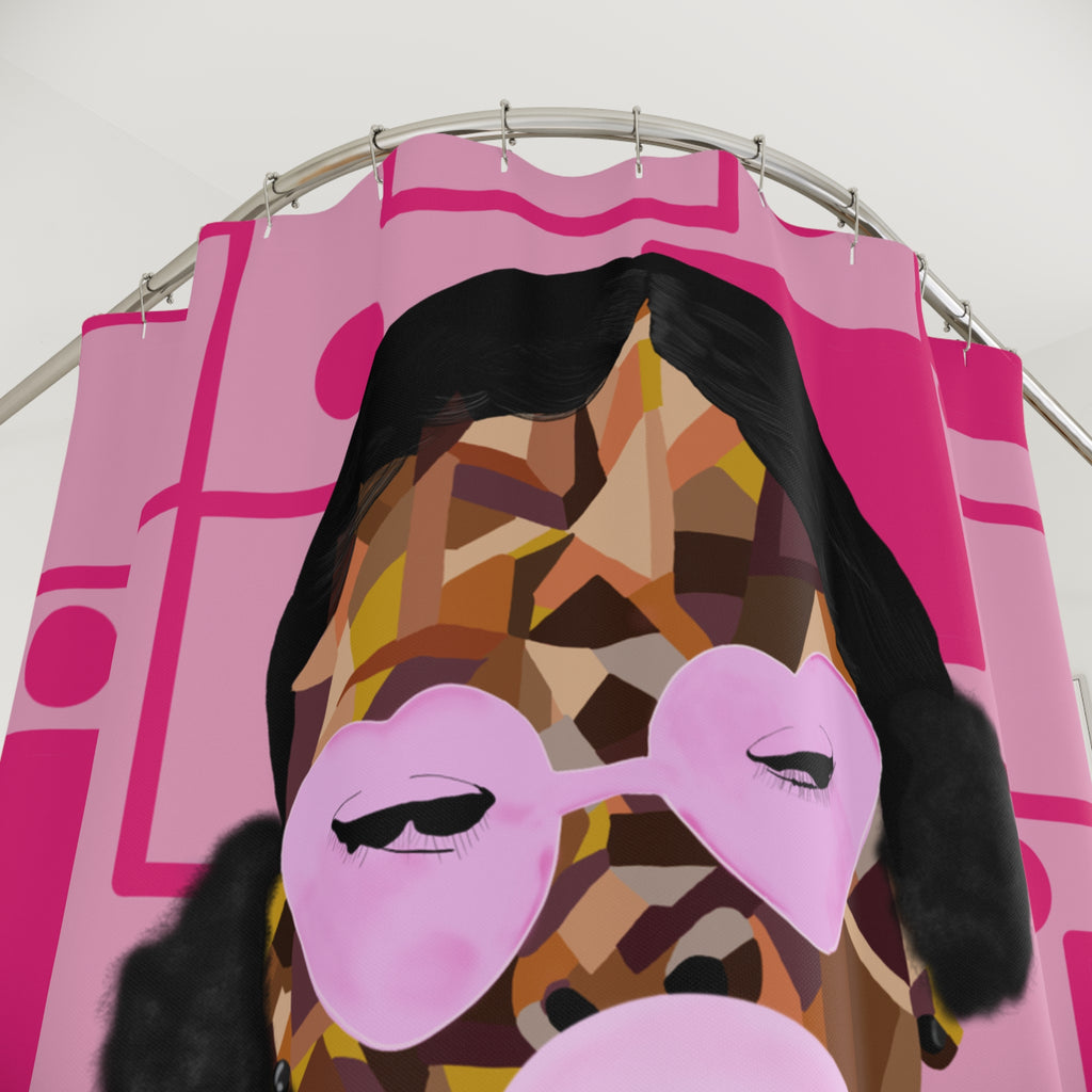 Pink Pop-Art Bubblegum Shower Curtain — Retro Geometric Portrait Bathroom Decor