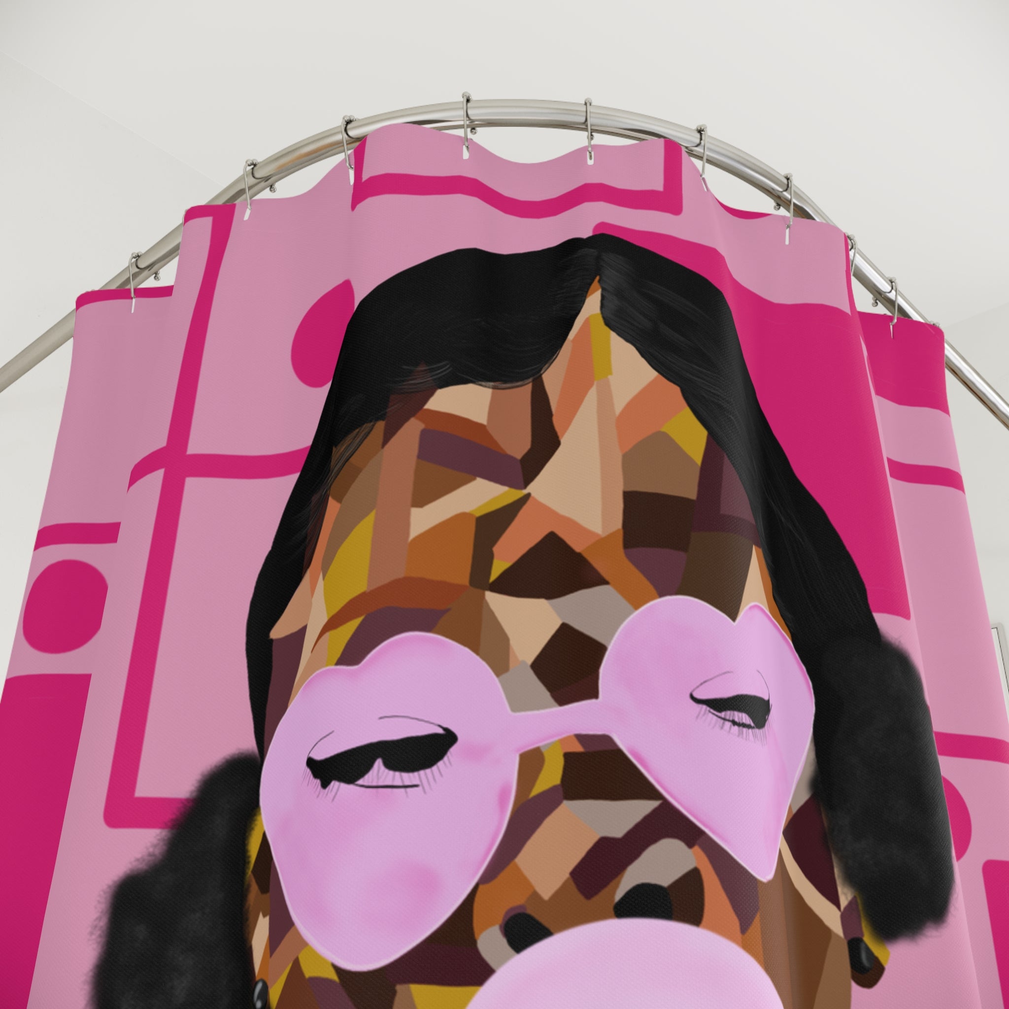 Pink Pop-Art Bubblegum Shower Curtain — Retro Geometric Portrait Bathroom Decor