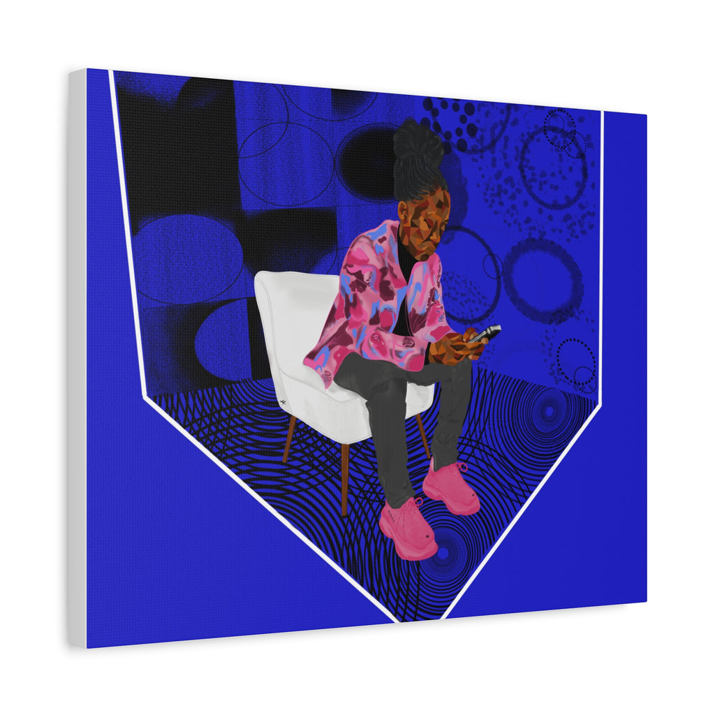 Contemporary Blue Portrait Canvas — Seated Girl with Phone Wall Art