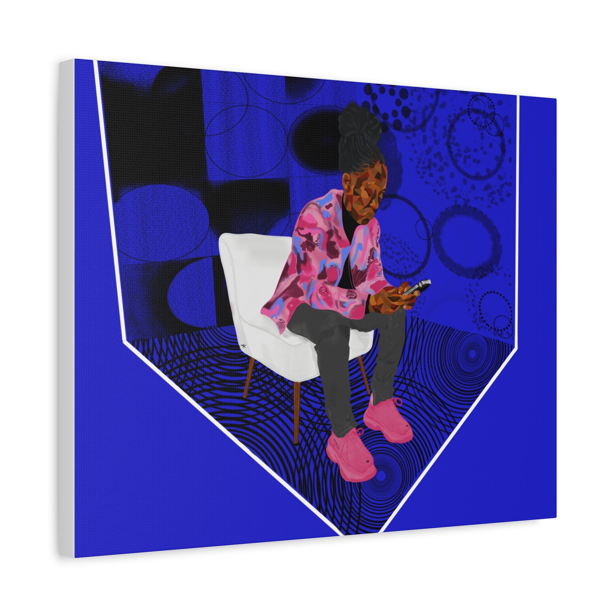 Contemporary Blue Portrait Canvas — Seated Girl with Phone Wall Art