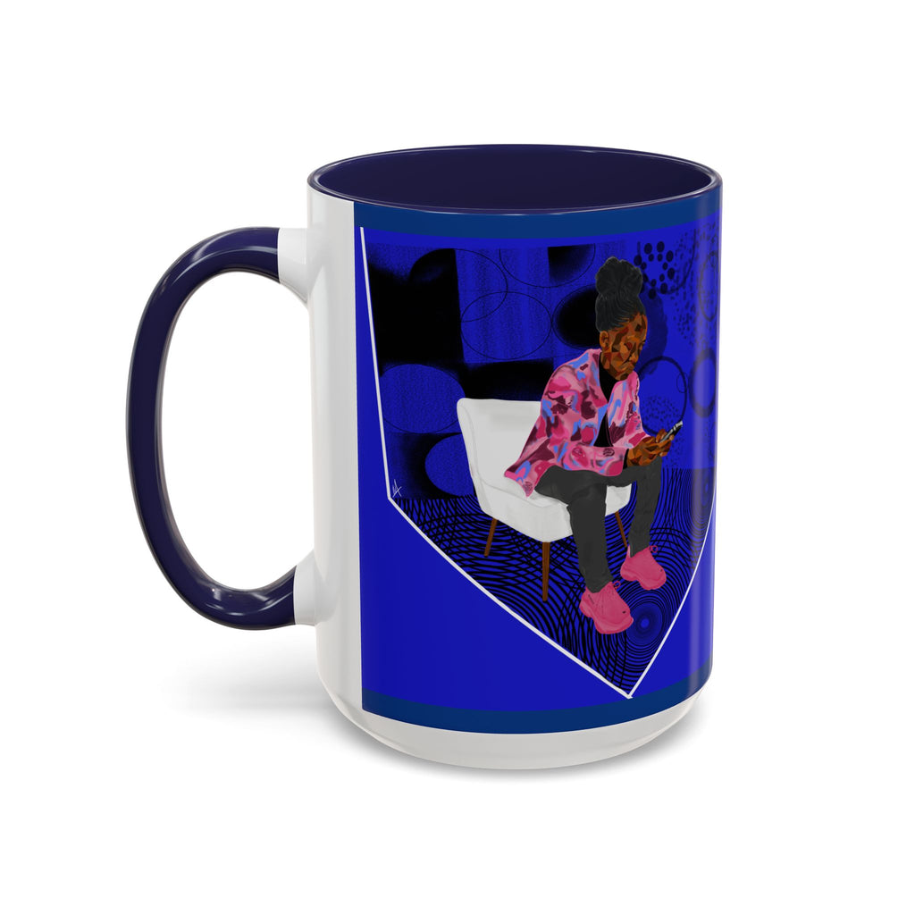 Blue Accent Coffee Mug — Cozy 'Checking My Phone' Afrocentric Illustration (11/15oz)