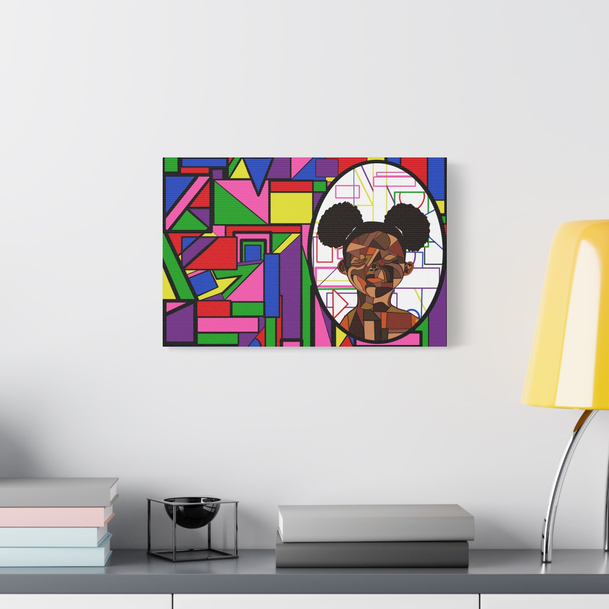 Abstract Geometric Portrait Canvas — Colorful Afro Puff Art on Matte Stretched Canvas