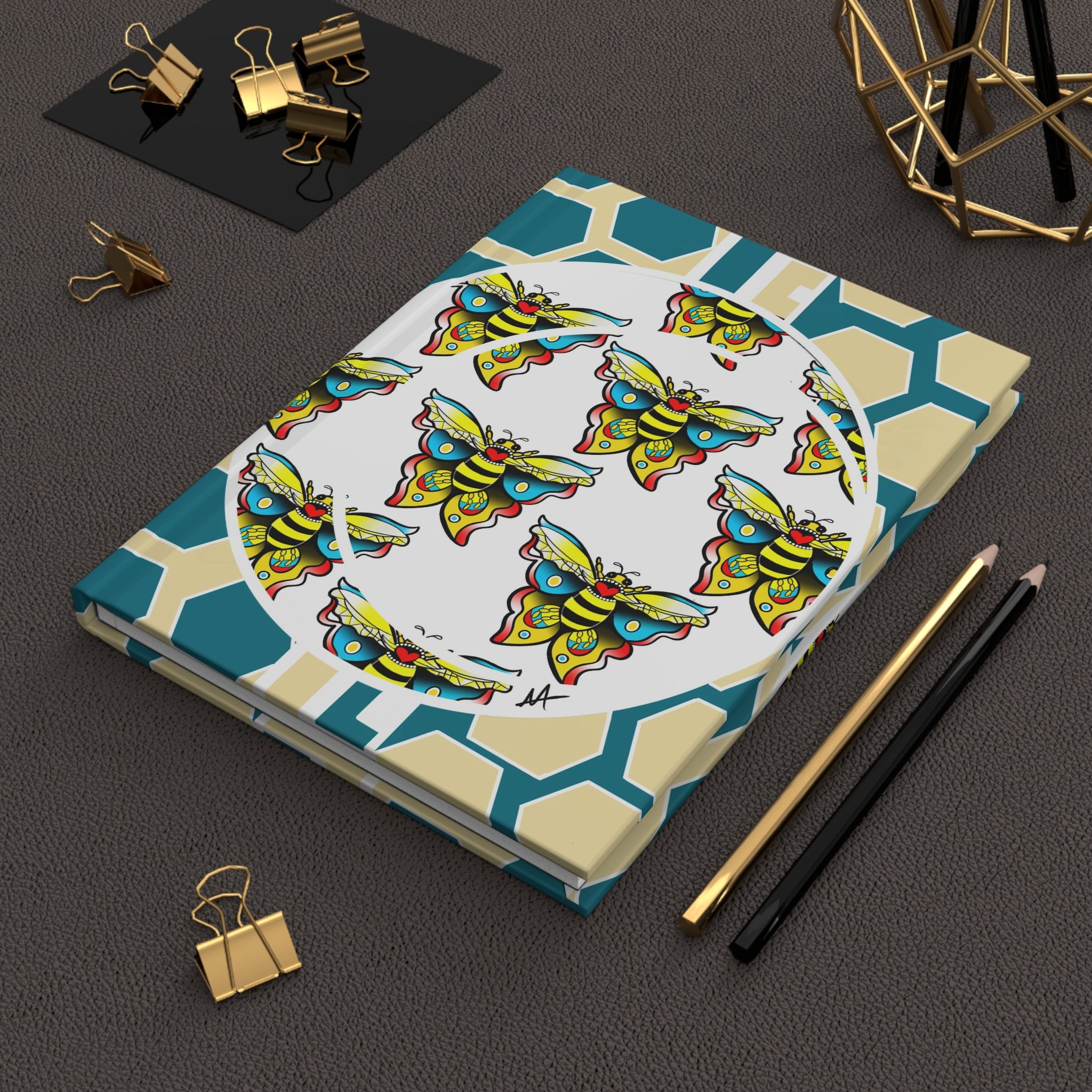 Moth Pattern Hardcover Journal — Colorful Retro Moths on Geometric Honeycomb Cover