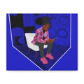 Contemporary Blue Portrait Canvas — Seated Girl with Phone Wall Art