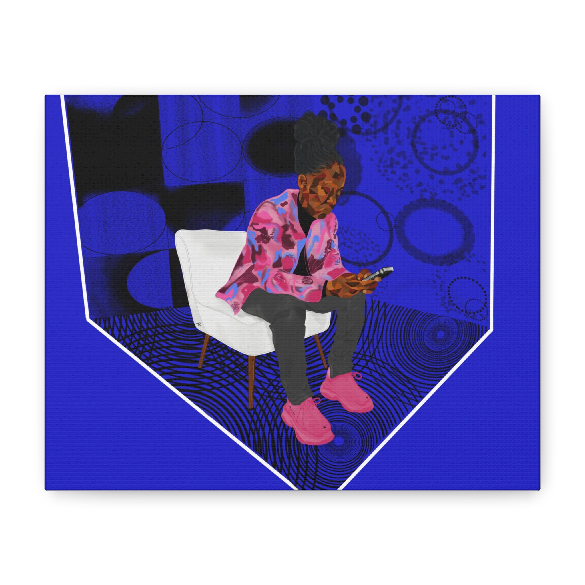 Contemporary Blue Portrait Canvas — Seated Girl with Phone Wall Art