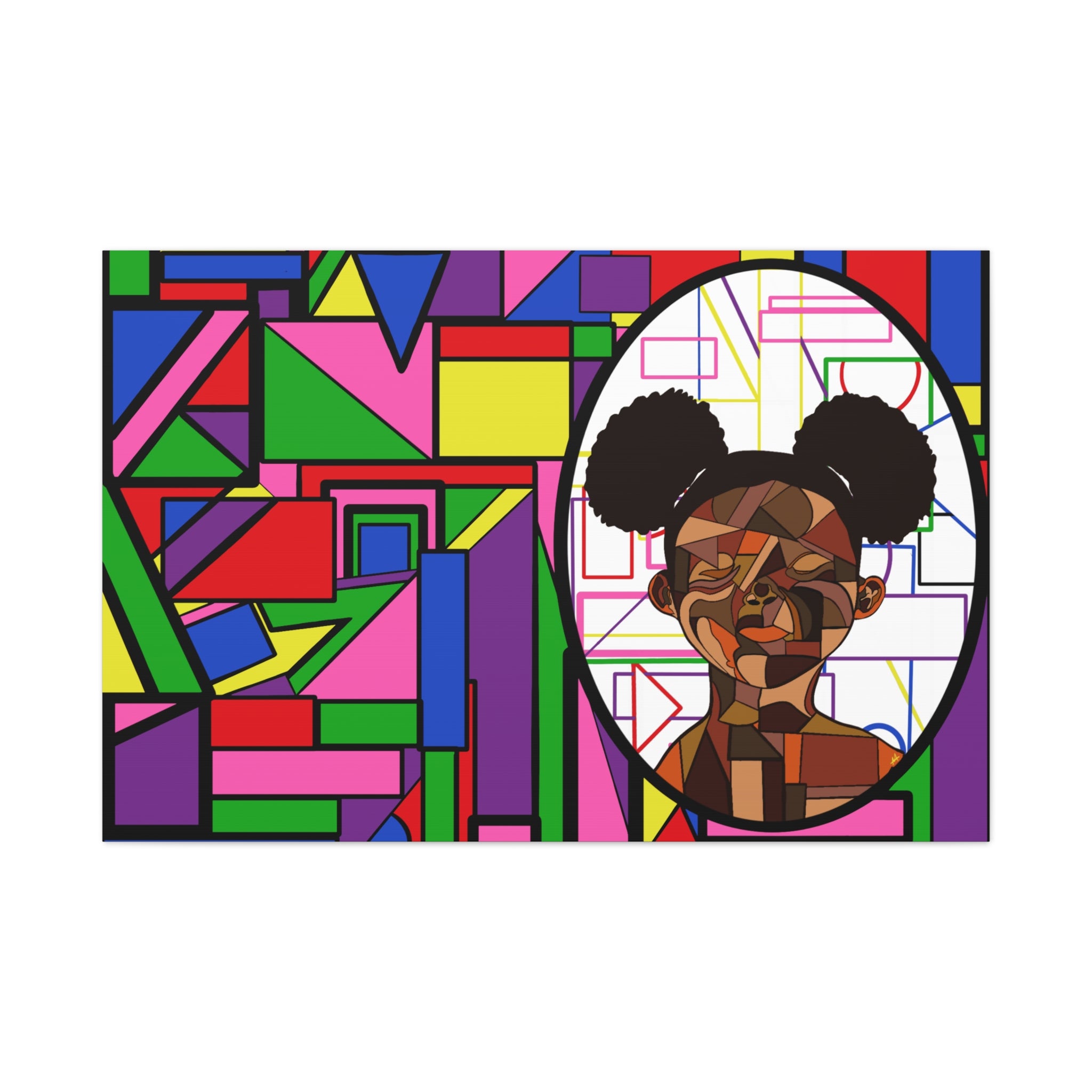 Abstract Geometric Portrait Canvas — Colorful Afro Puff Art on Matte Stretched Canvas