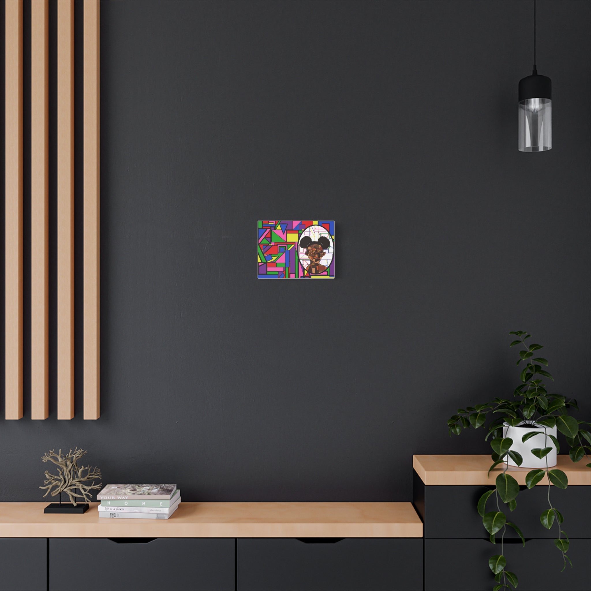 Abstract Geometric Portrait Canvas — Colorful Afro Puff Art on Matte Stretched Canvas