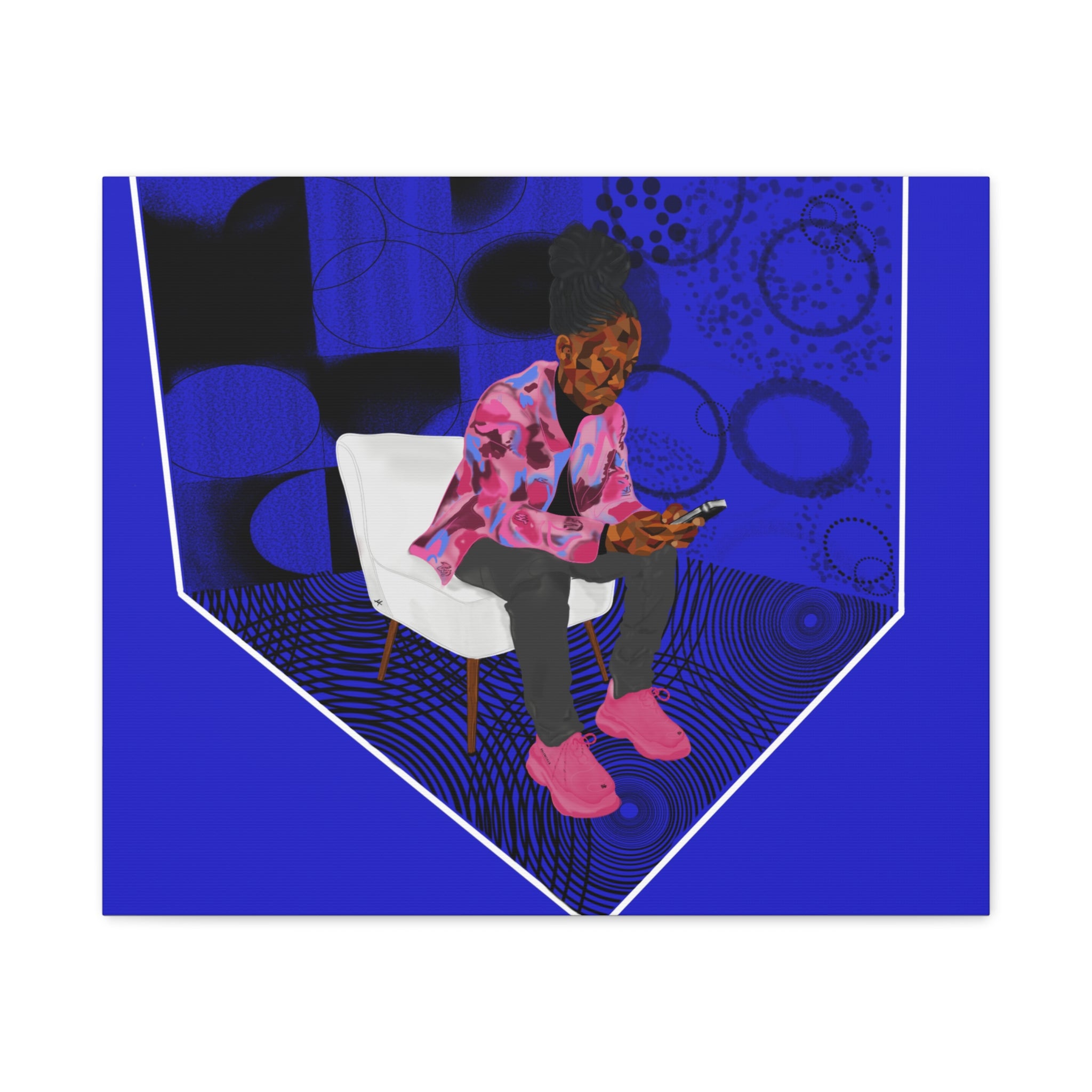 Contemporary Blue Portrait Canvas — Seated Girl with Phone Wall Art
