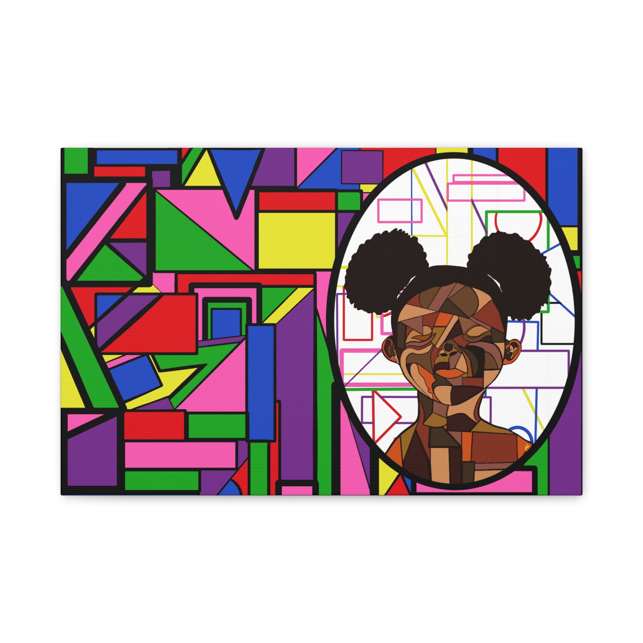 Abstract Geometric Portrait Canvas — Colorful Afro Puff Art on Matte Stretched Canvas