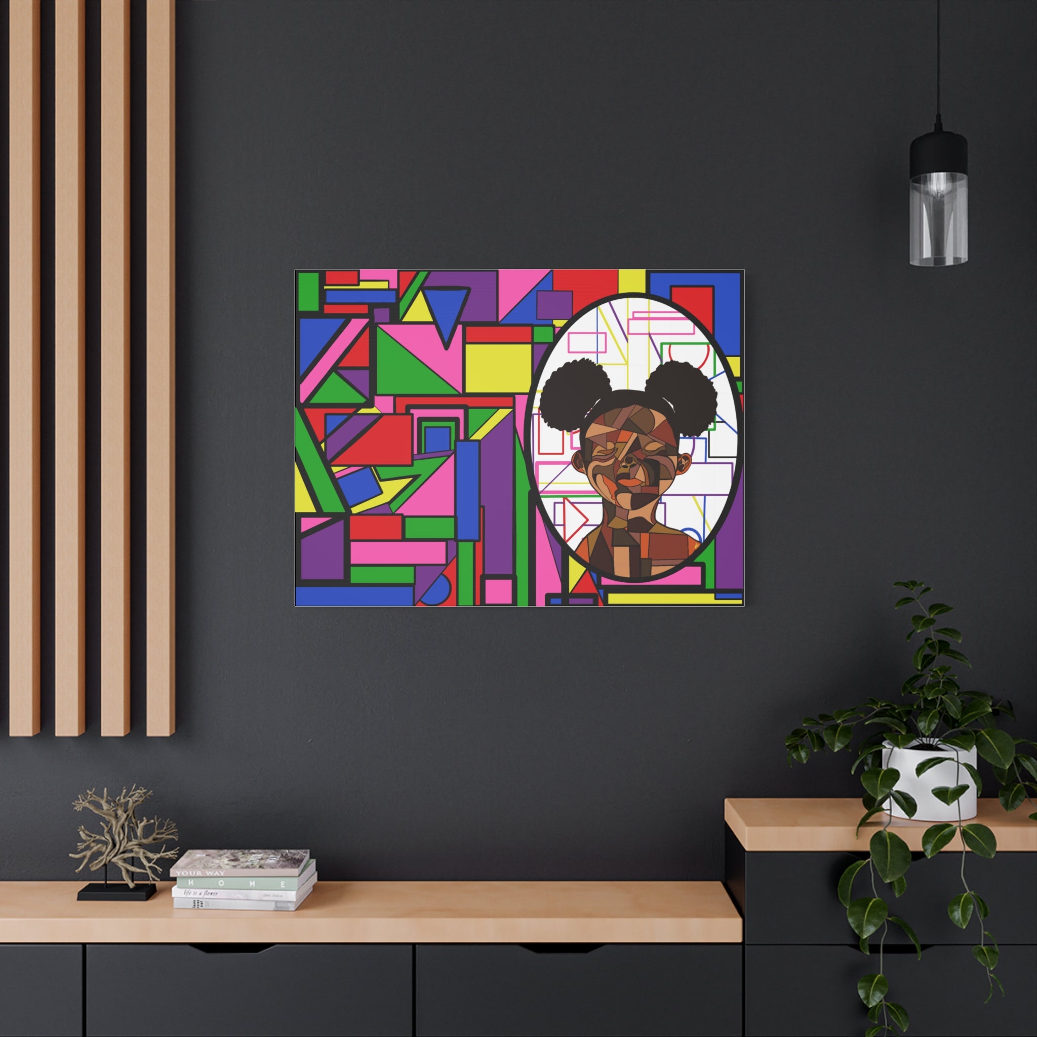 Abstract Geometric Portrait Canvas — Colorful Afro Puff Art on Matte Stretched Canvas