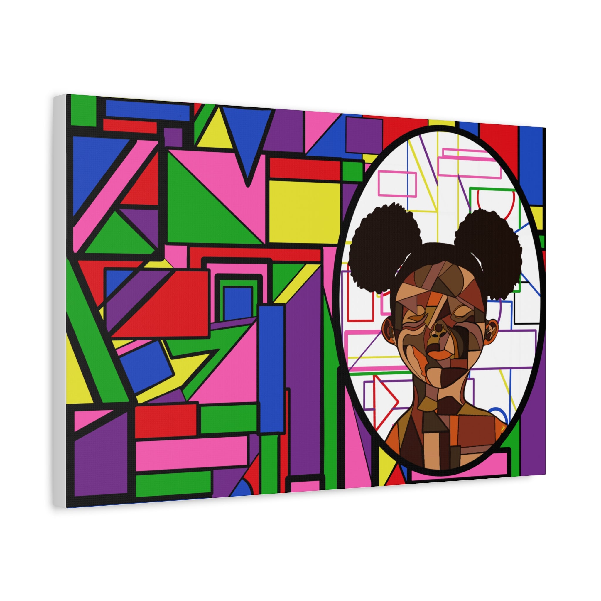 Abstract Geometric Portrait Canvas — Colorful Afro Puff Art on Matte Stretched Canvas