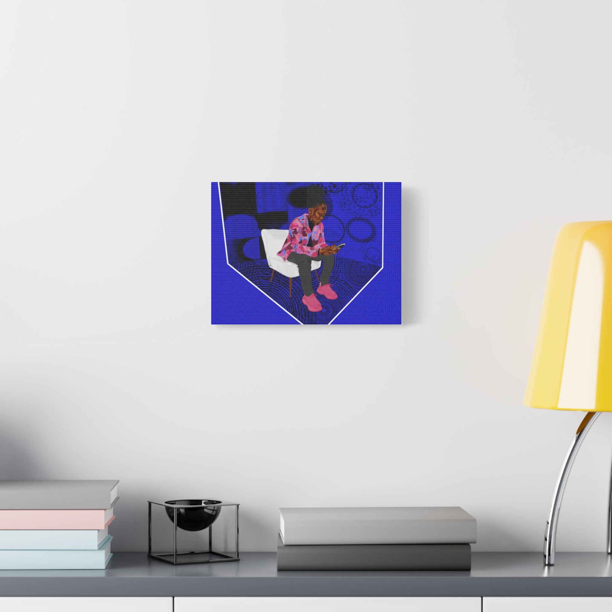 Contemporary Blue Portrait Canvas — Seated Girl with Phone Wall Art