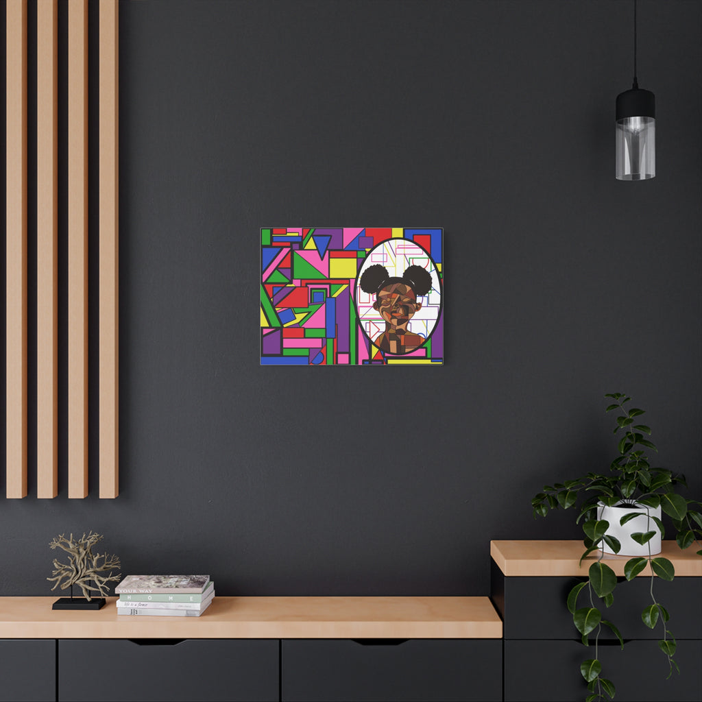 Abstract Geometric Portrait Canvas — Colorful Afro Puff Art on Matte Stretched Canvas