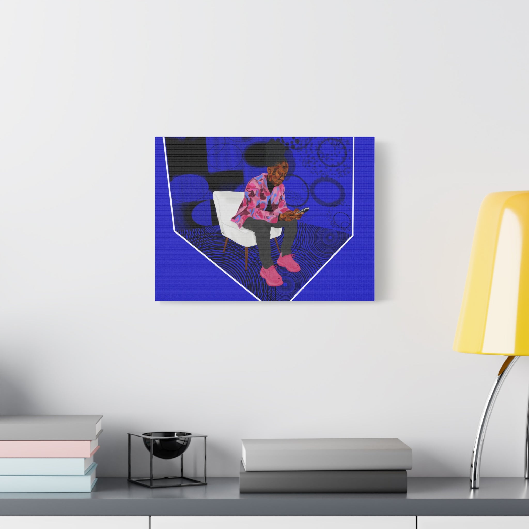 Contemporary Blue Portrait Canvas — Seated Girl with Phone Wall Art