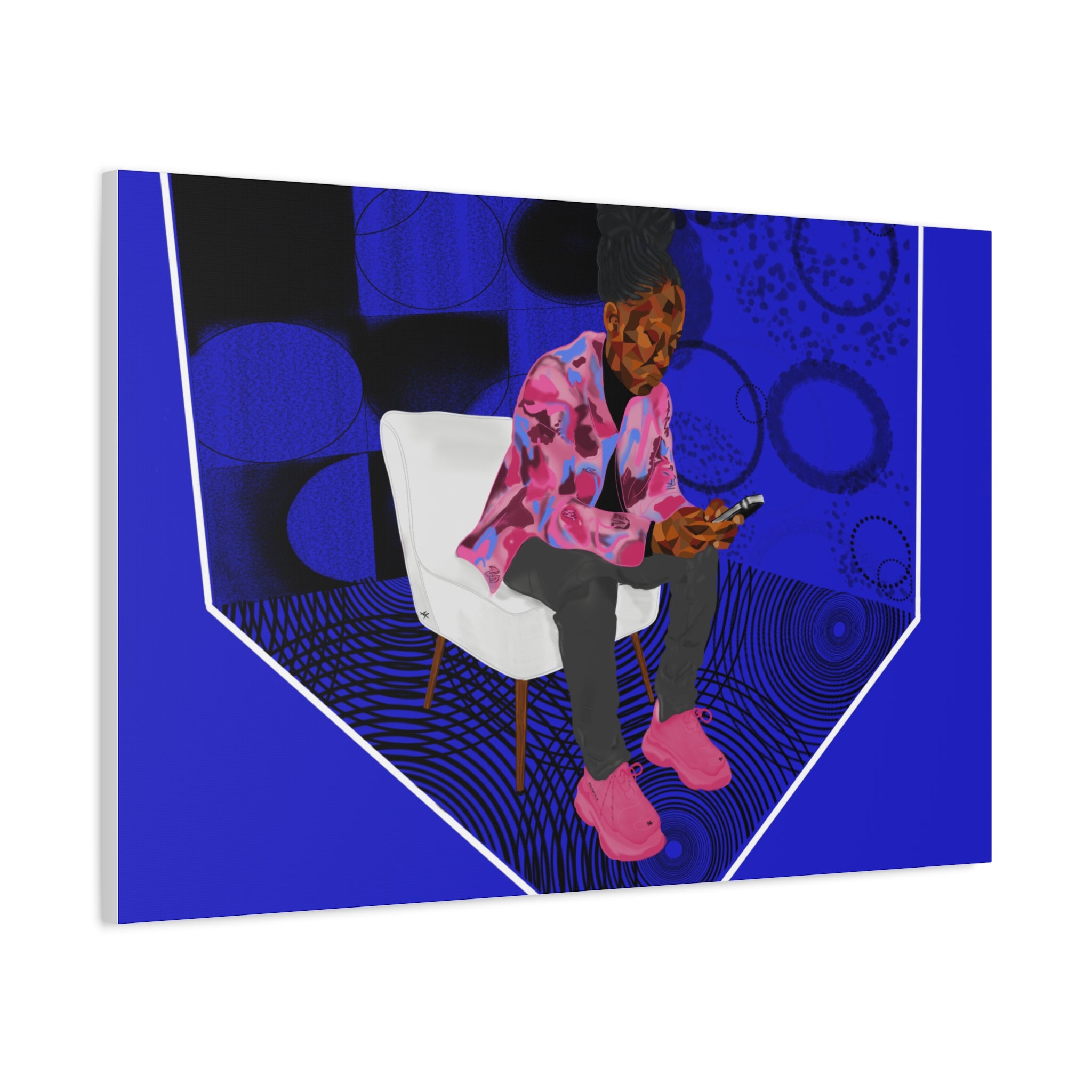 Contemporary Blue Portrait Canvas — Seated Girl with Phone Wall Art