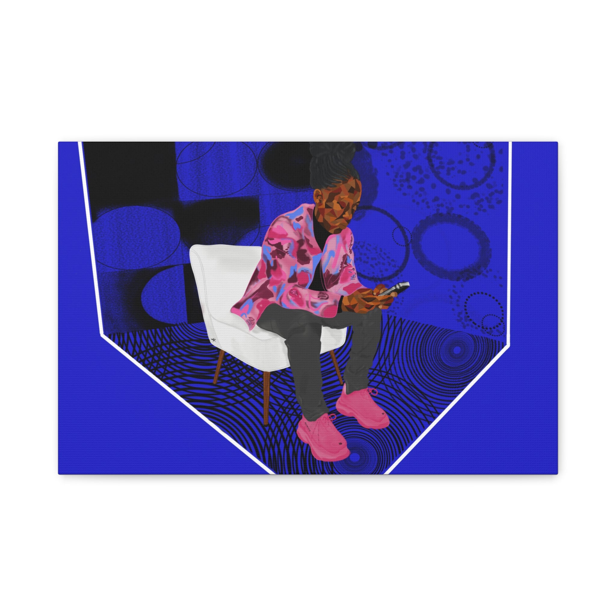 Contemporary Blue Portrait Canvas — Seated Girl with Phone Wall Art