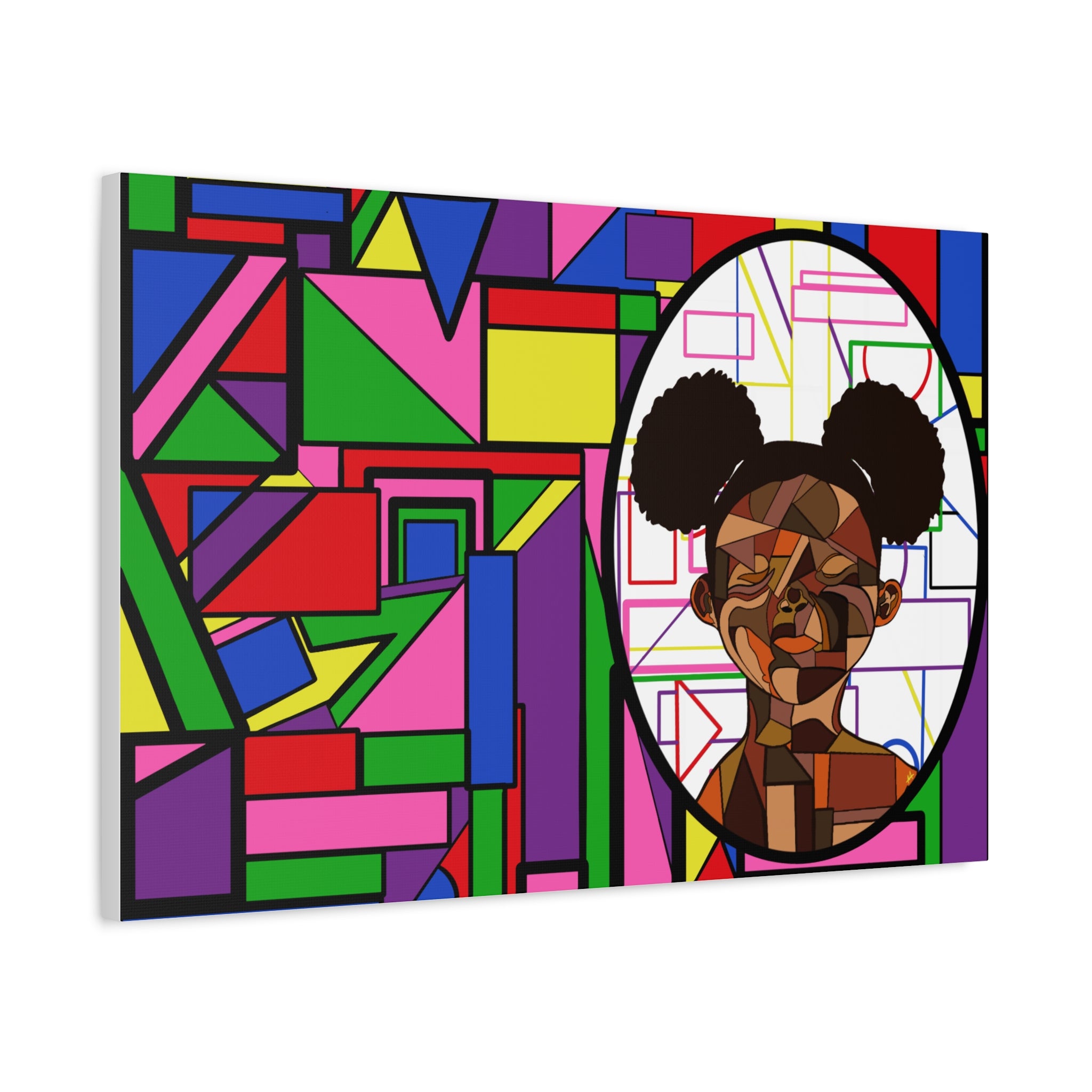 Abstract Geometric Portrait Canvas — Colorful Afro Puff Art on Matte Stretched Canvas