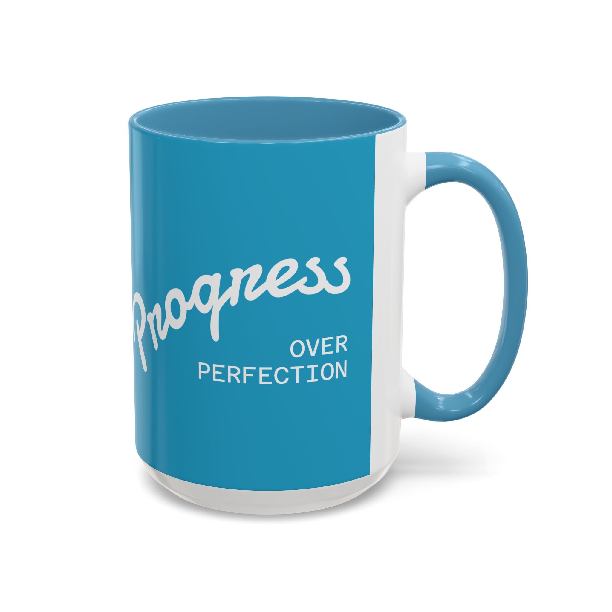 Progress Over Perfection Accent Coffee Mug — Motivational Blue 11/15oz