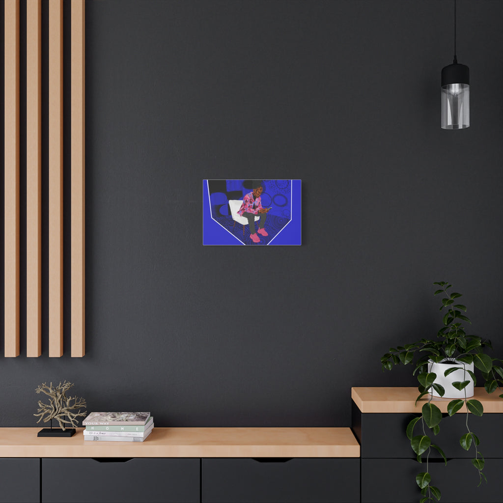Contemporary Blue Portrait Canvas — Seated Girl with Phone Wall Art