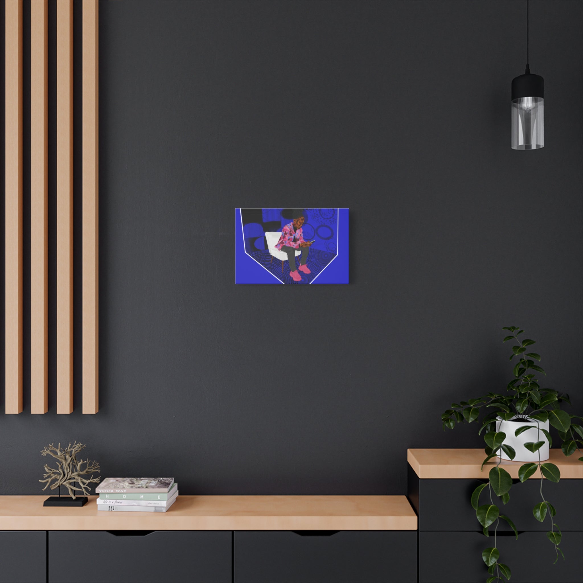 Contemporary Blue Portrait Canvas — Seated Girl with Phone Wall Art