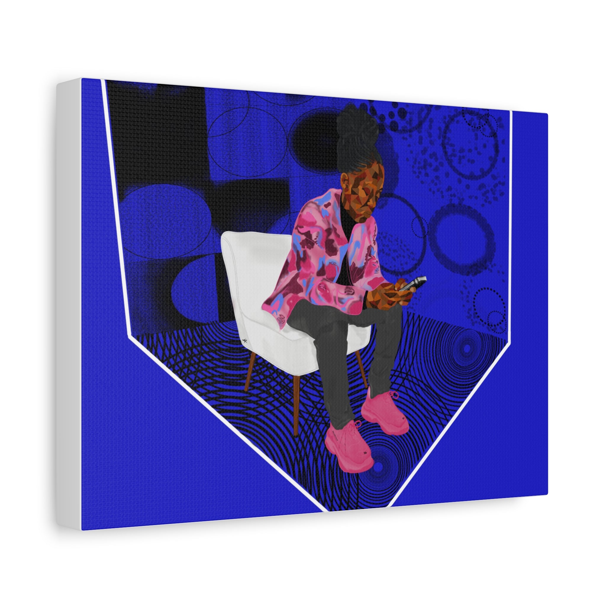 Contemporary Blue Portrait Canvas — Seated Girl with Phone Wall Art