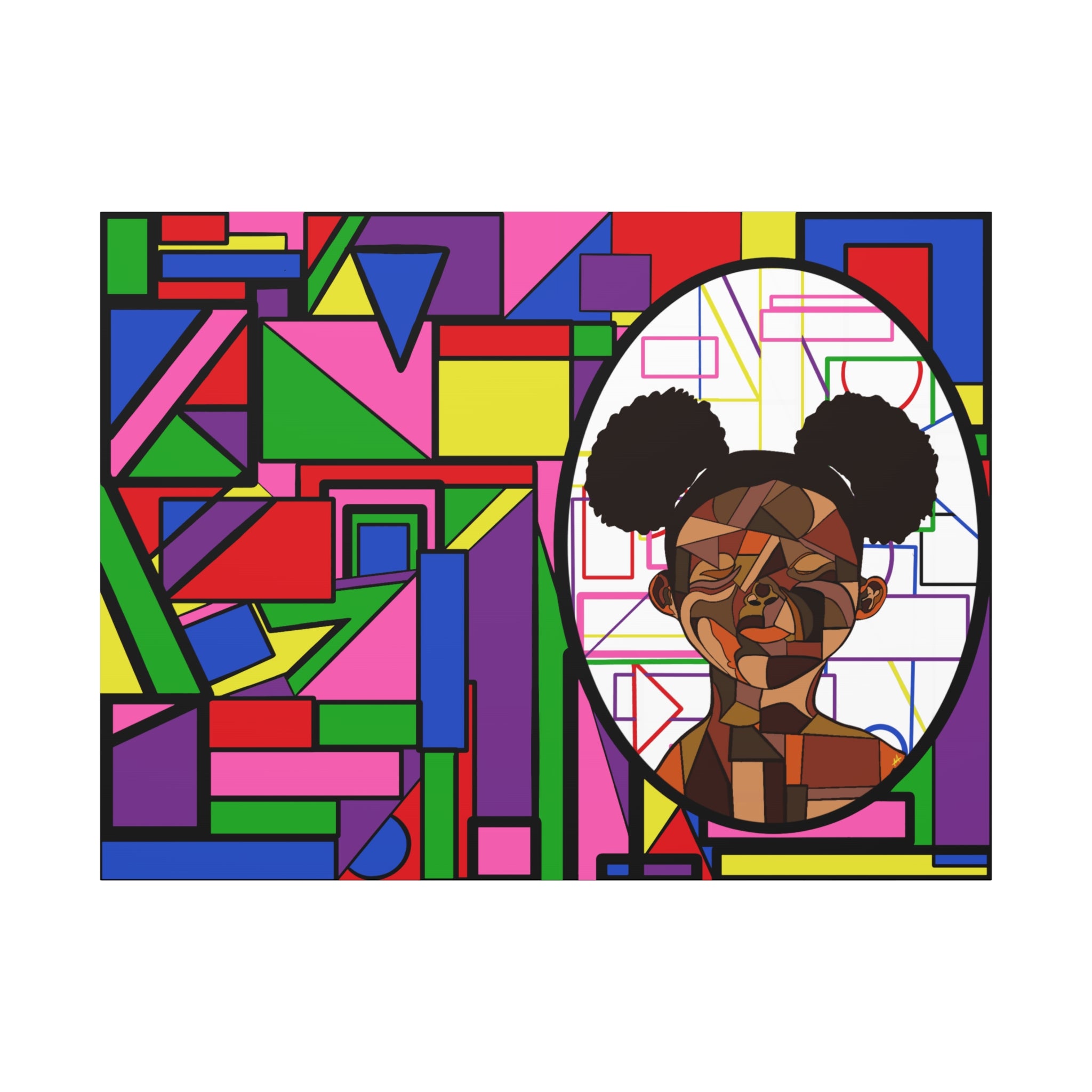 Abstract Geometric Portrait Canvas — Colorful Afro Puff Art on Matte Stretched Canvas