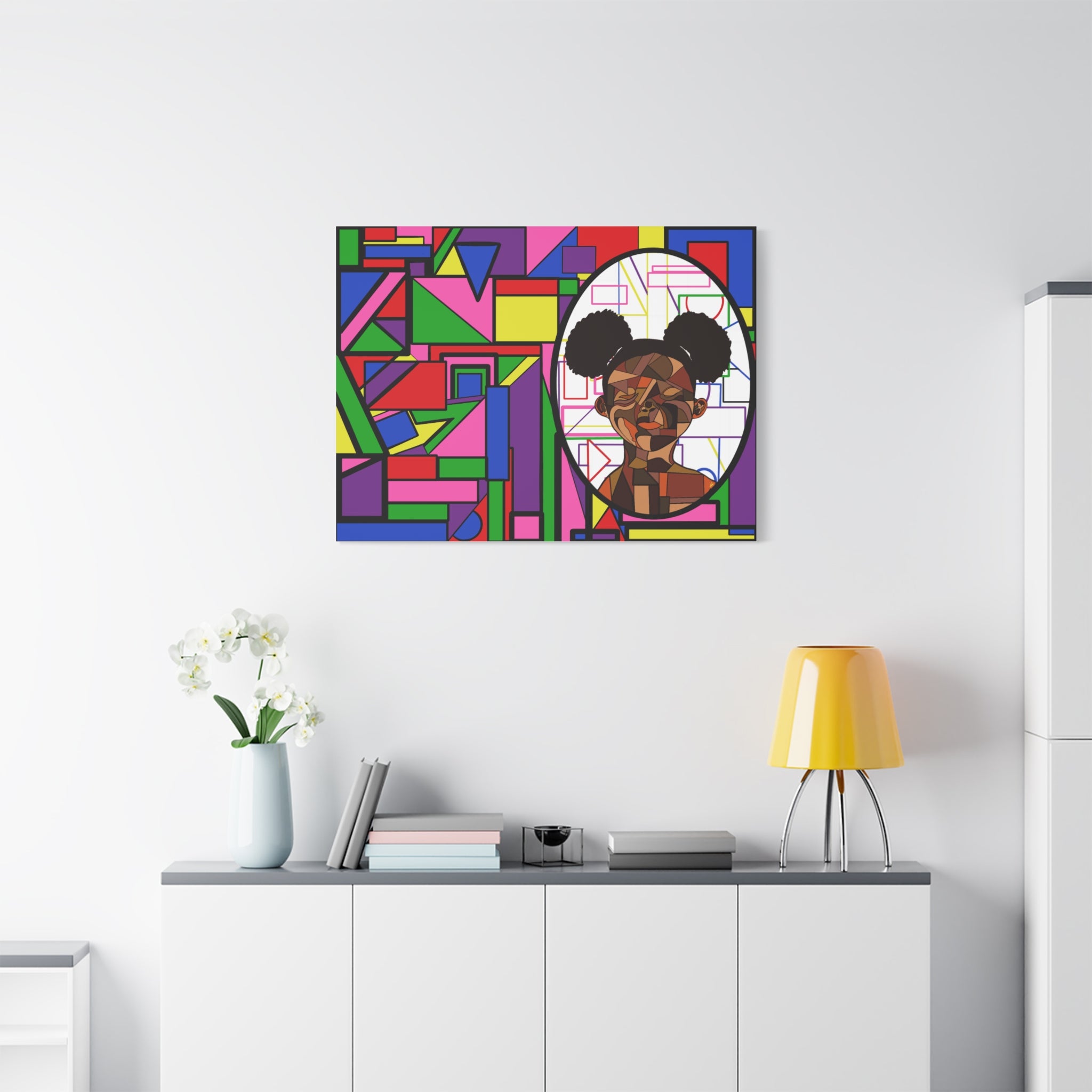 Abstract Geometric Portrait Canvas — Colorful Afro Puff Art on Matte Stretched Canvas