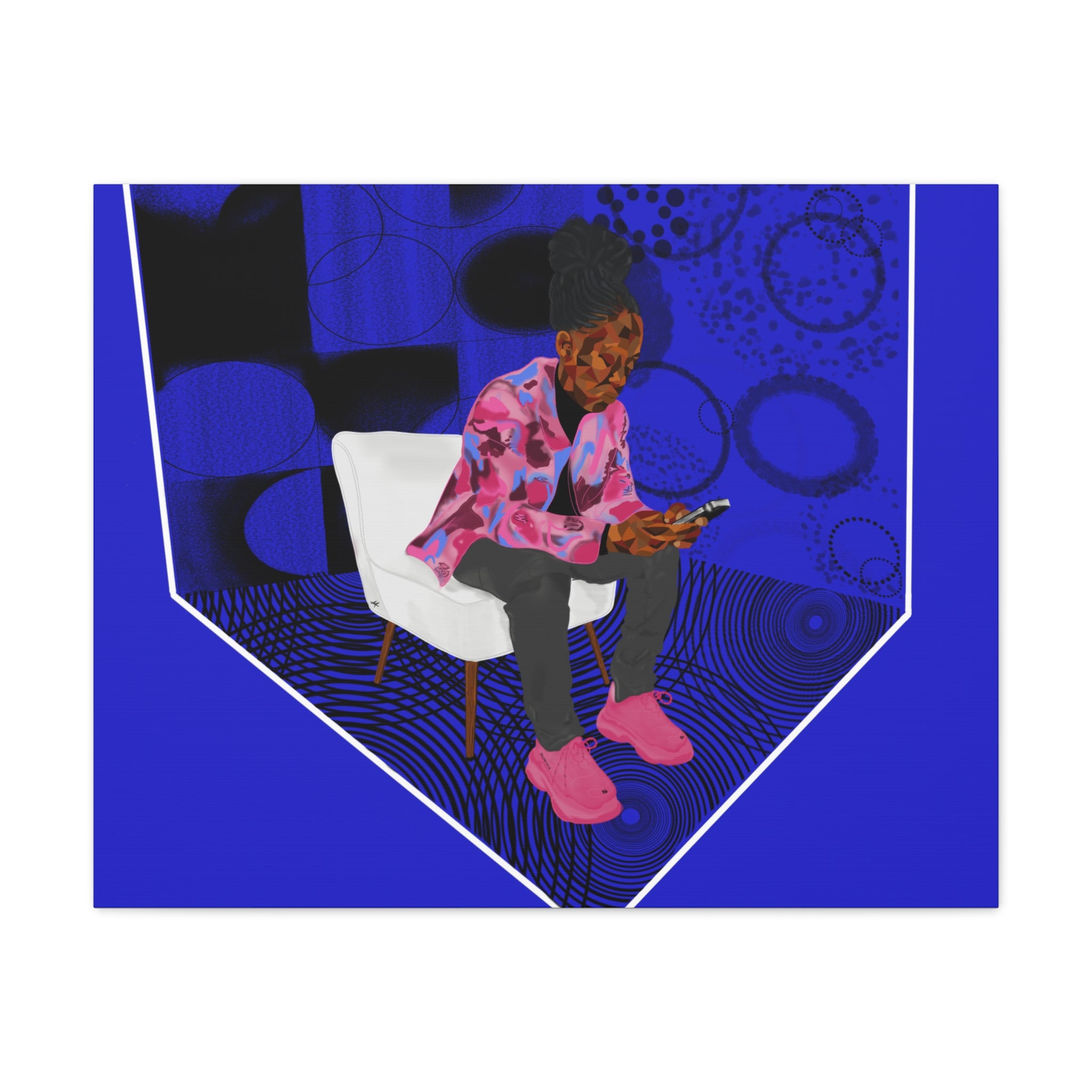 Contemporary Blue Portrait Canvas — Seated Girl with Phone Wall Art