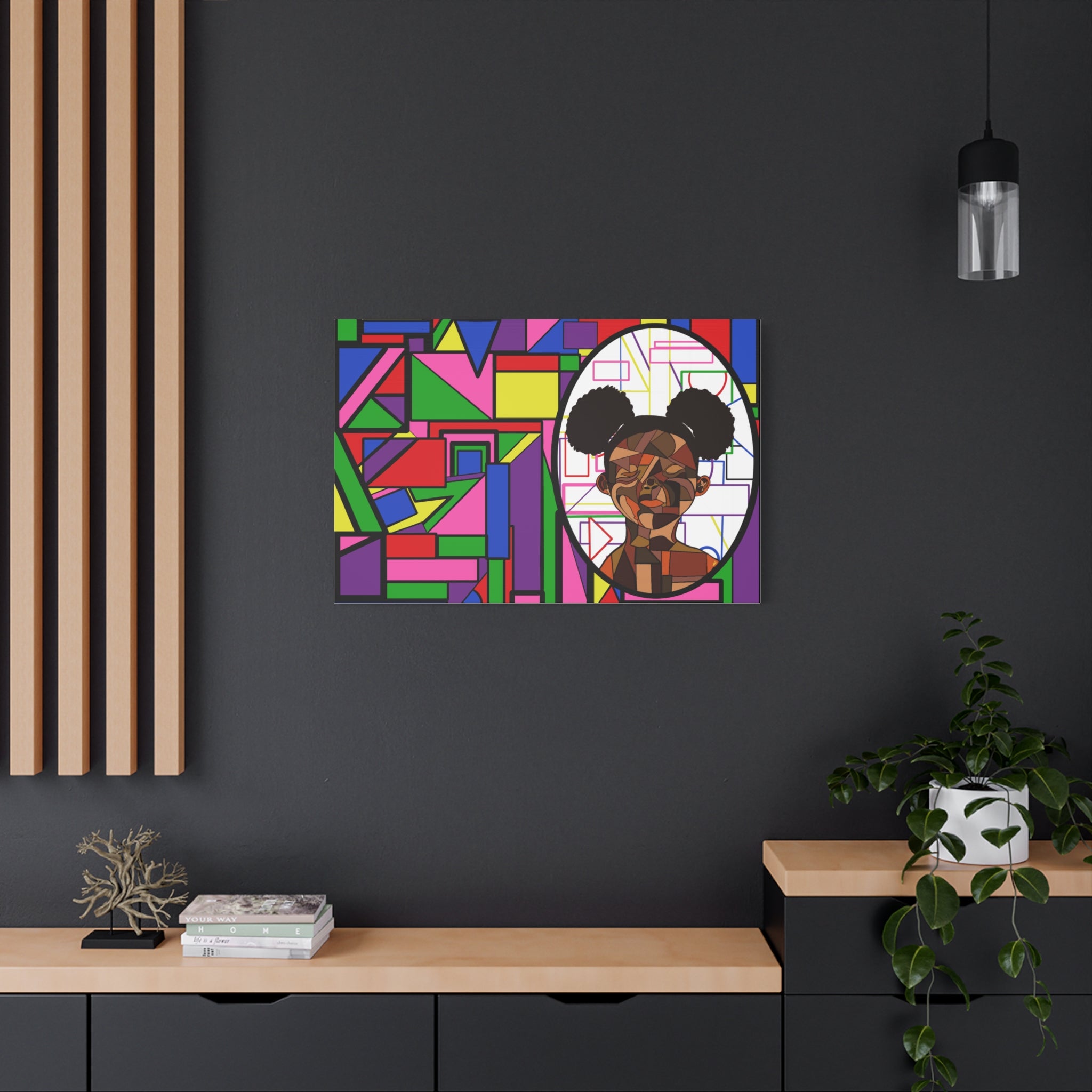 Abstract Geometric Portrait Canvas — Colorful Afro Puff Art on Matte Stretched Canvas