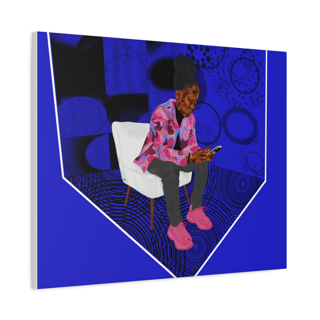 Contemporary Blue Portrait Canvas — Seated Girl with Phone Wall Art