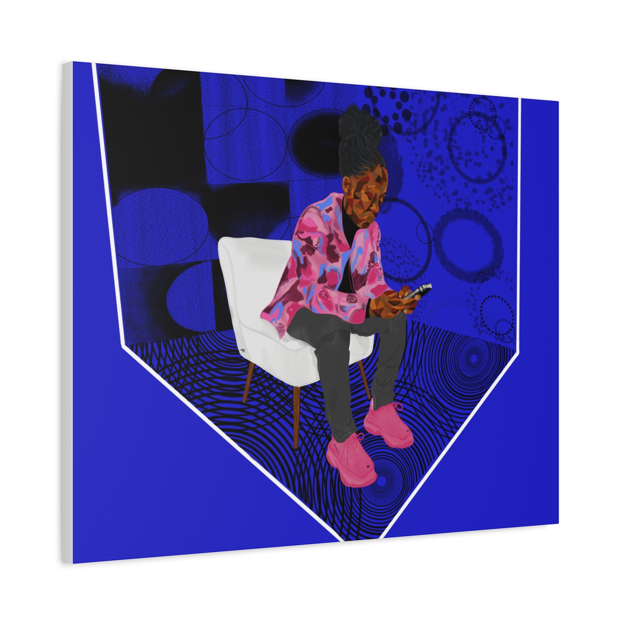Contemporary Blue Portrait Canvas — Seated Girl with Phone Wall Art