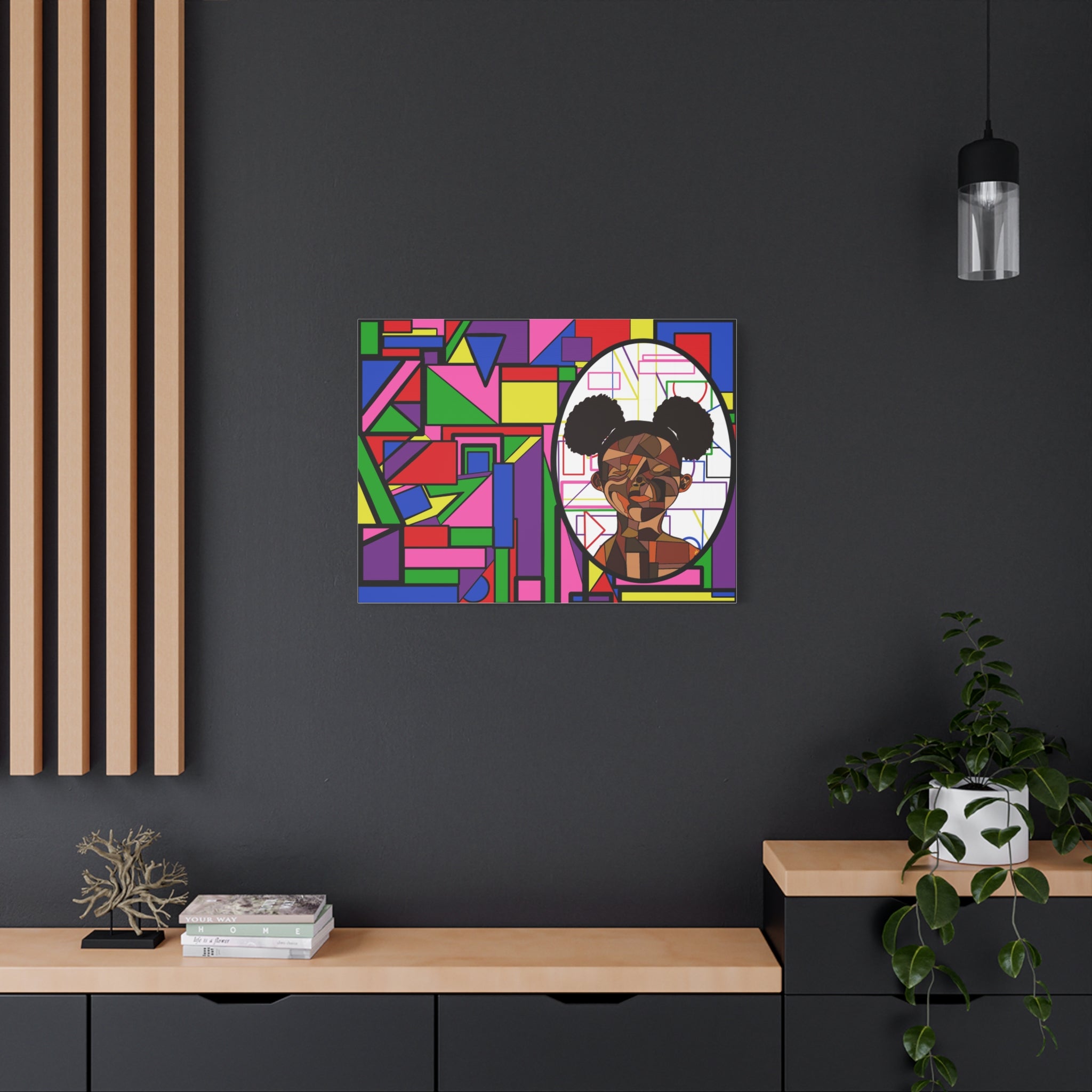 Abstract Geometric Portrait Canvas — Colorful Afro Puff Art on Matte Stretched Canvas