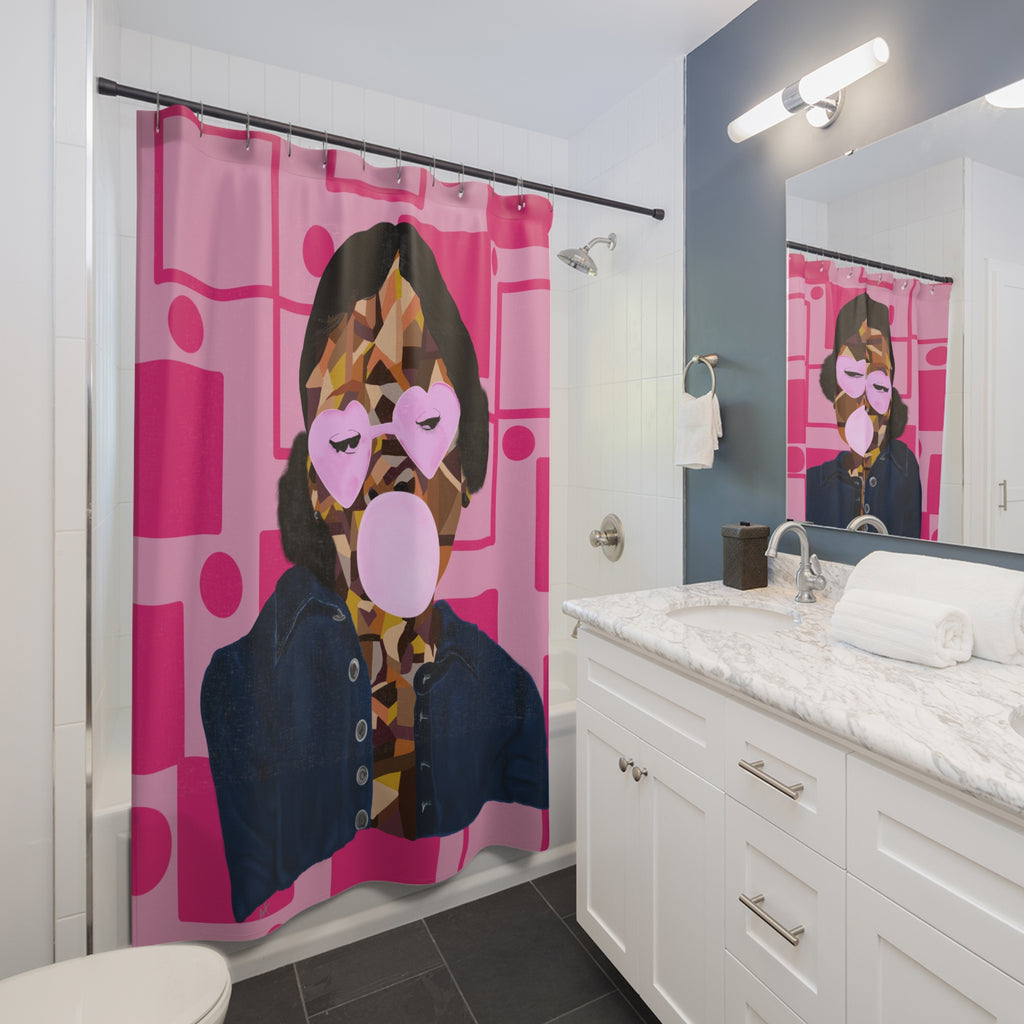 Pink Pop-Art Bubblegum Shower Curtain — Retro Geometric Portrait Bathroom Decor