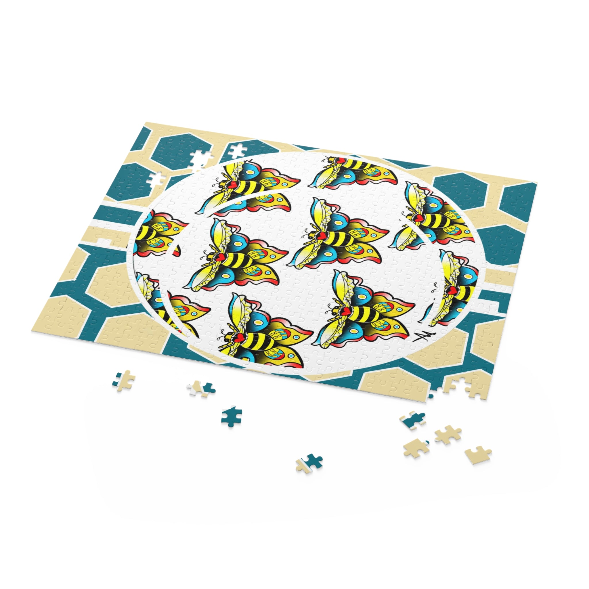 Bee & Hexagon Jigsaw Puzzle — Colorful Moth Pattern (120/252/500 pc)