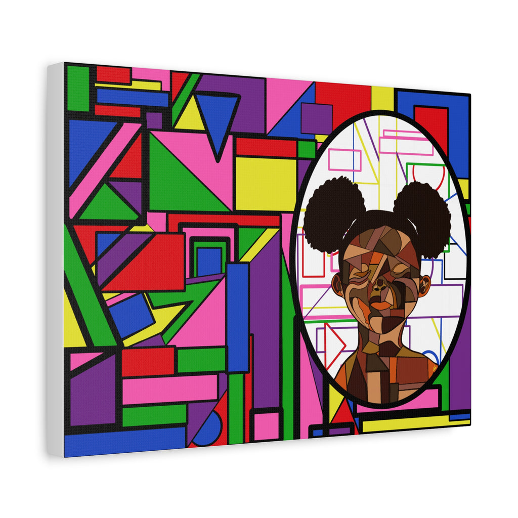 Abstract Geometric Portrait Canvas — Colorful Afro Puff Art on Matte Stretched Canvas