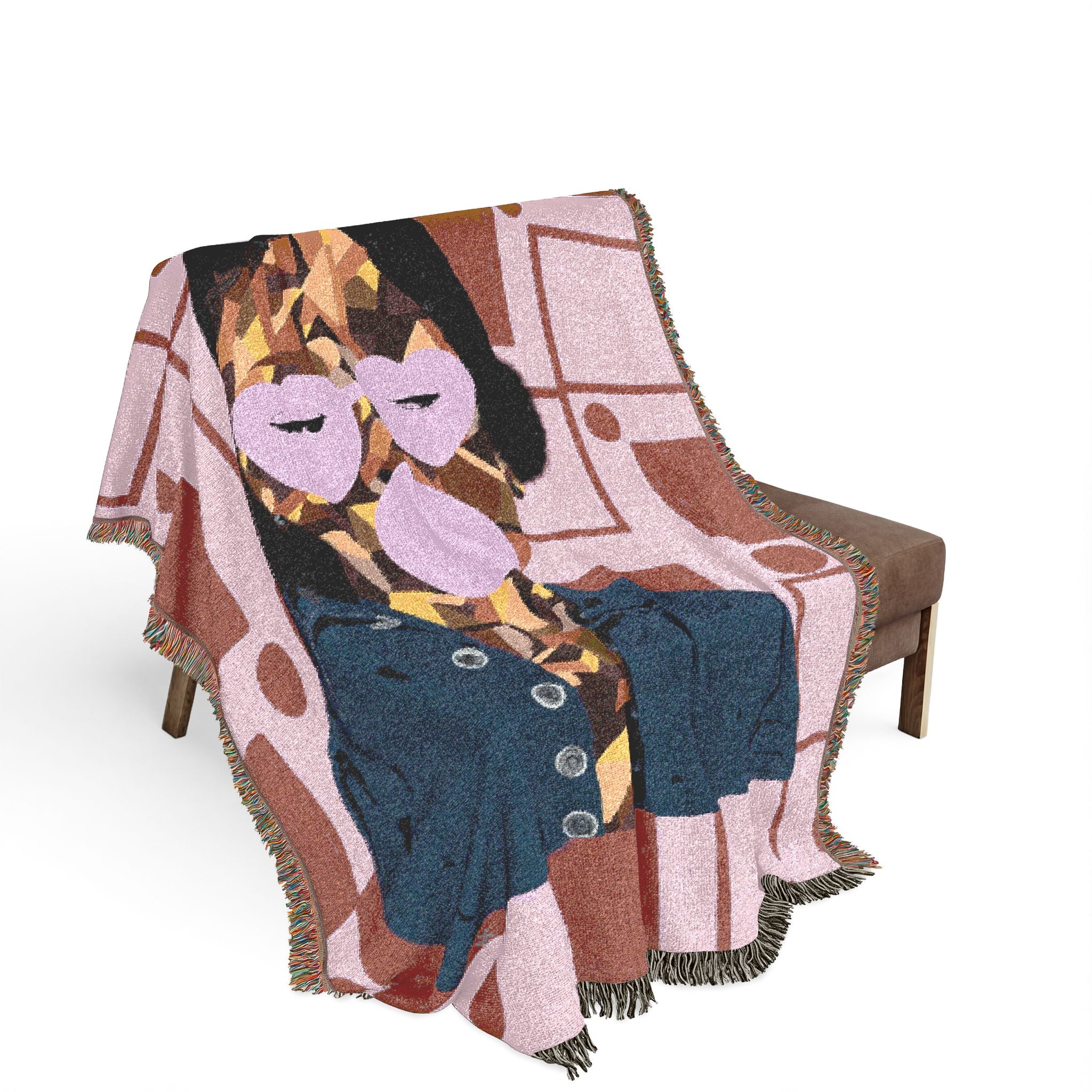 Retro Geometric Portrait Woven Blanket — Vintage Pop Art Tapestry Throw