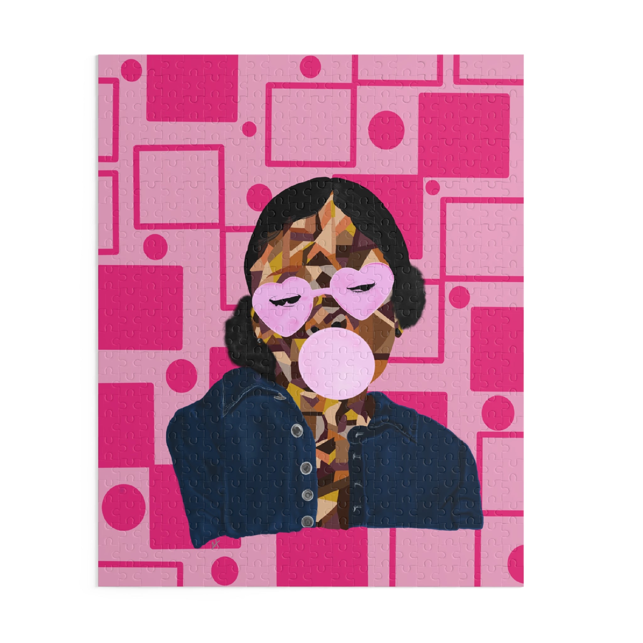 Illustration of a person wearing sunglasses and a jacket on a pink geometric patterned background