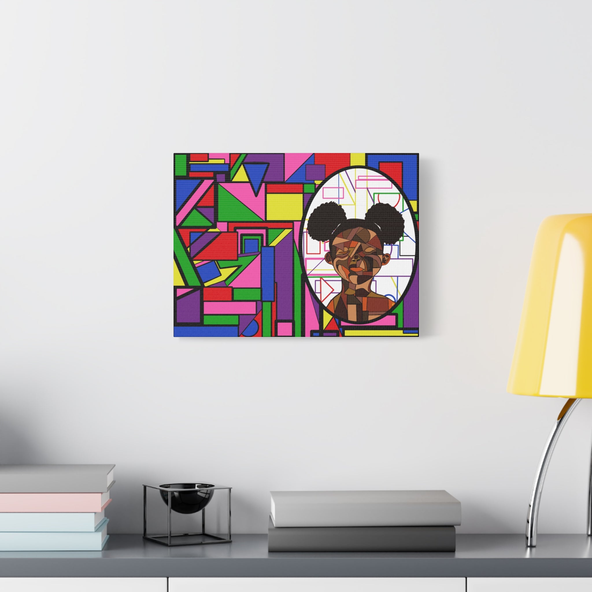 Abstract Geometric Portrait Canvas — Colorful Afro Puff Art on Matte Stretched Canvas