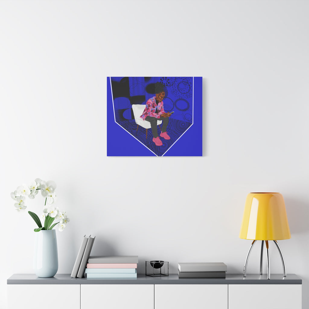 Contemporary Blue Portrait Canvas — Seated Girl with Phone Wall Art