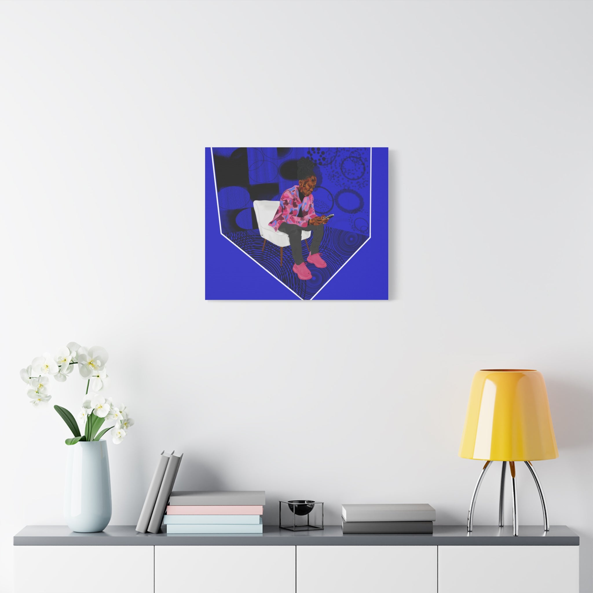 Contemporary Blue Portrait Canvas — Seated Girl with Phone Wall Art