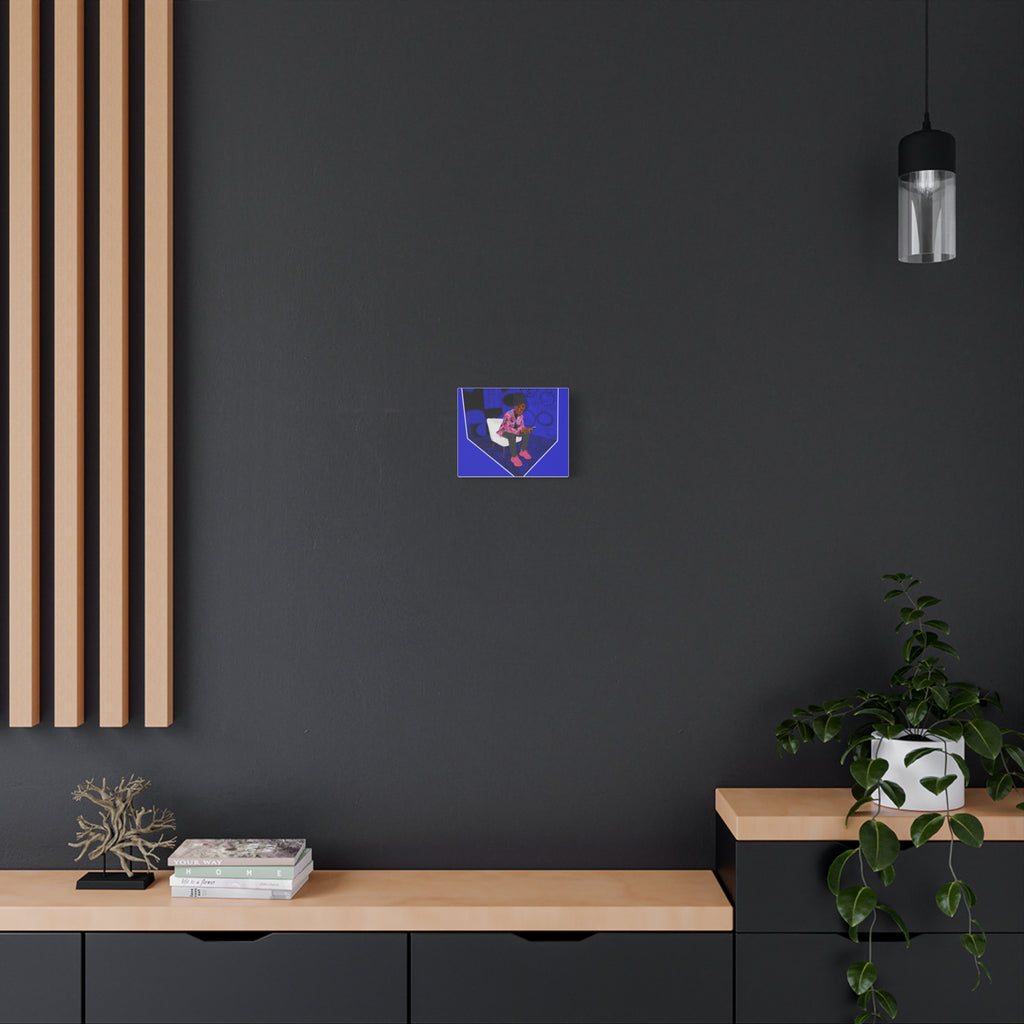 Contemporary Blue Portrait Canvas — Seated Girl with Phone Wall Art